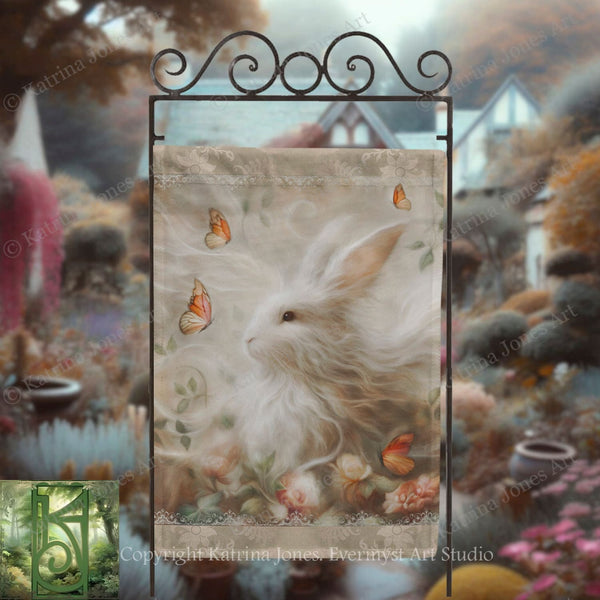 A white rabbit with a flowing mane and delicate flowers is depicted in a garden setting, surrounded by butterflies and lush greenery.