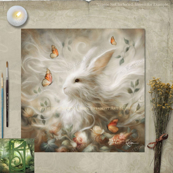 a painting of a white rabbit surrounded by butterflies