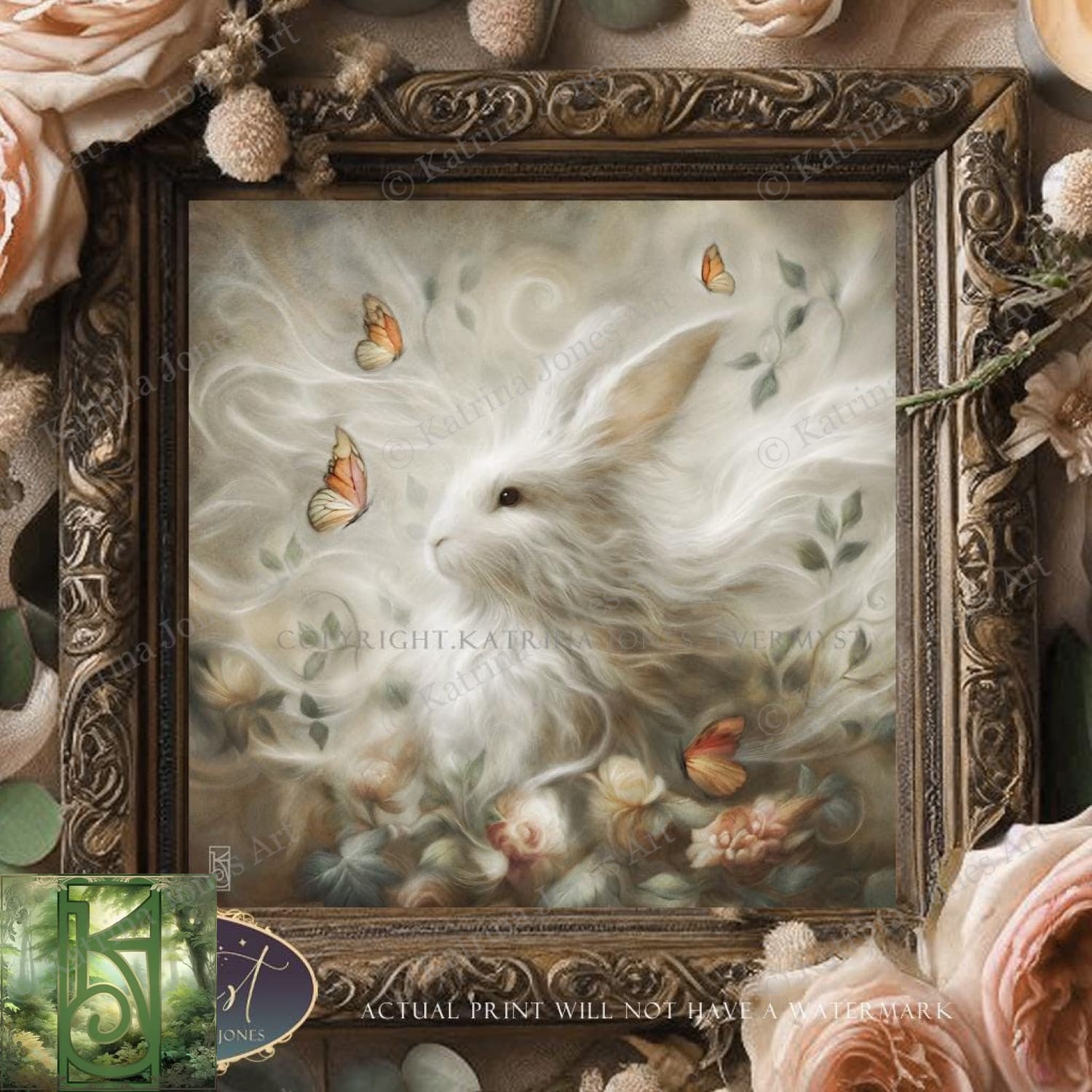 a painting of a white rabbit surrounded by flowers