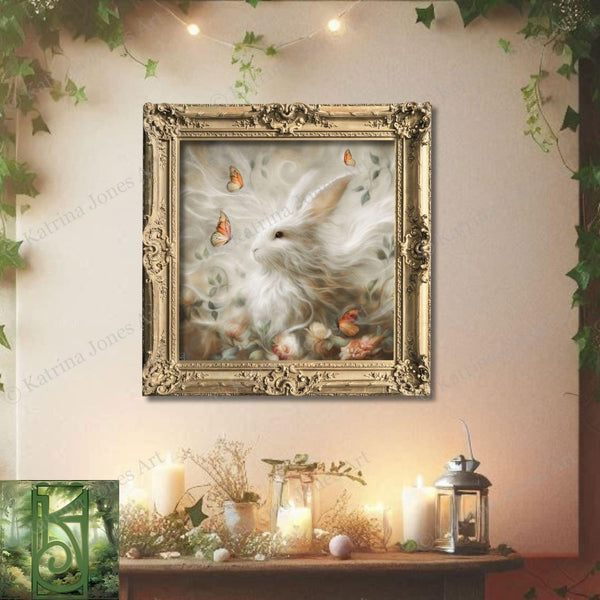 a painting of a white rabbit in a gold frame