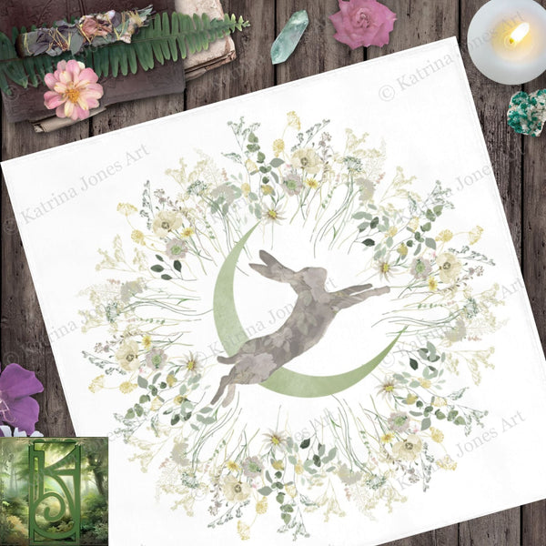 Spring Hare Moon Altar Cloth For Ostara Cottage Decor With Bunny Design 24X24 Inch Crepe Square