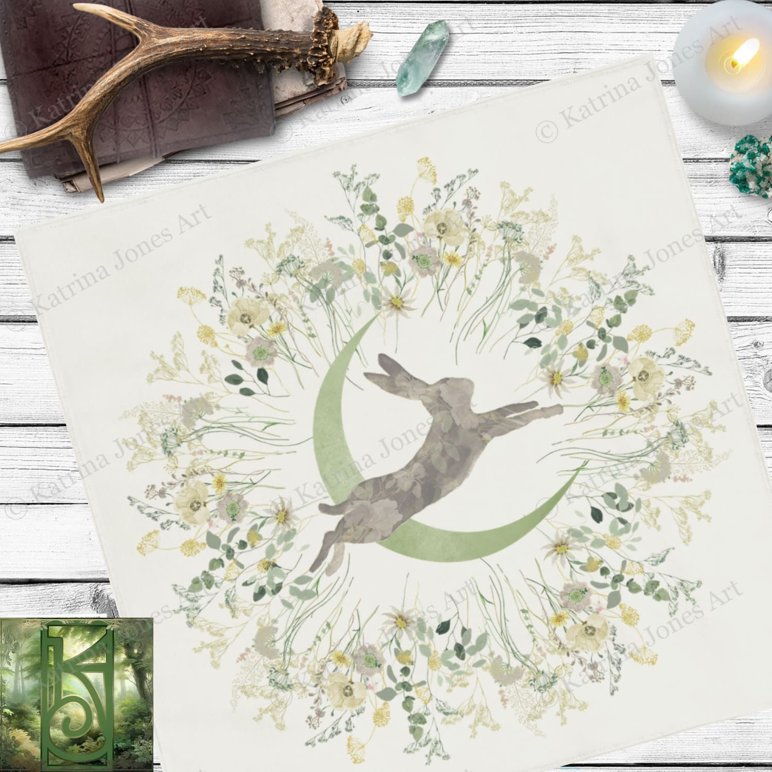 Spring Hare Moon Altar Cloth For Ostara Cottage Decor With Bunny Design 22X22 Inch Twill Square