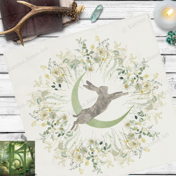 Spring Hare Moon Altar Cloth For Ostara Cottage Decor With Bunny Design 22X22 Inch Twill Square