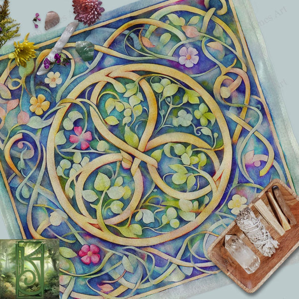 a painting of a flowered design on a blue background