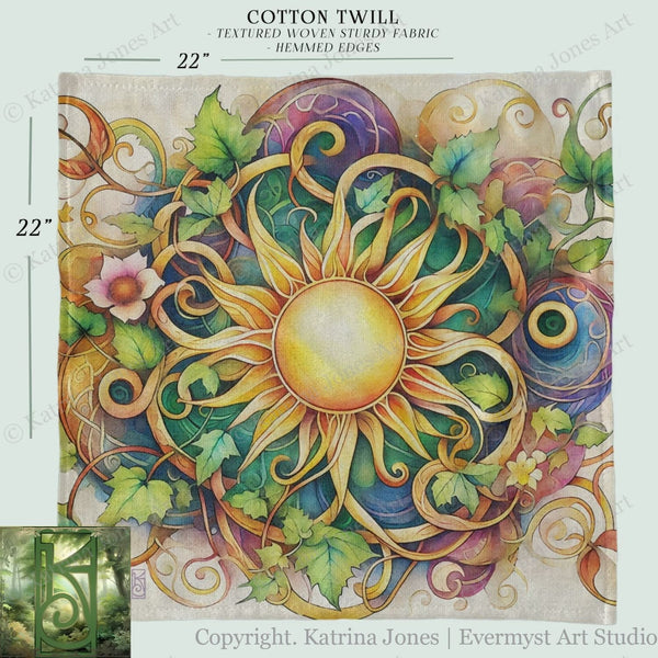 a painting of a sun surrounded by leaves