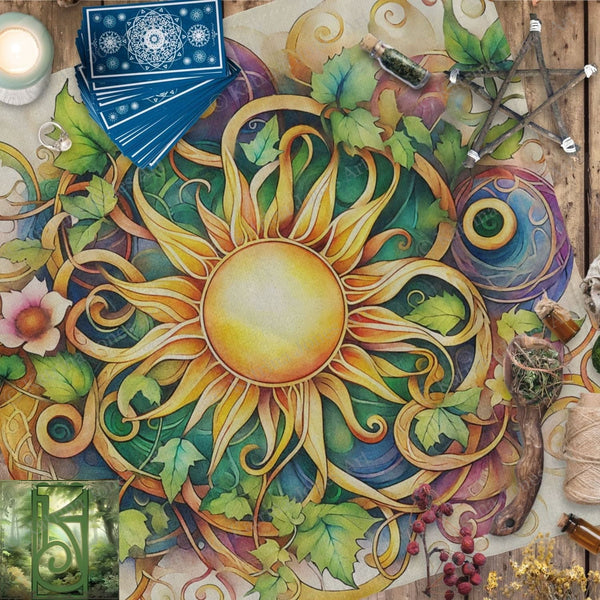 a painting of a sun surrounded by leaves and flowers