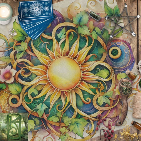 a painting of a sun surrounded by leaves and flowers