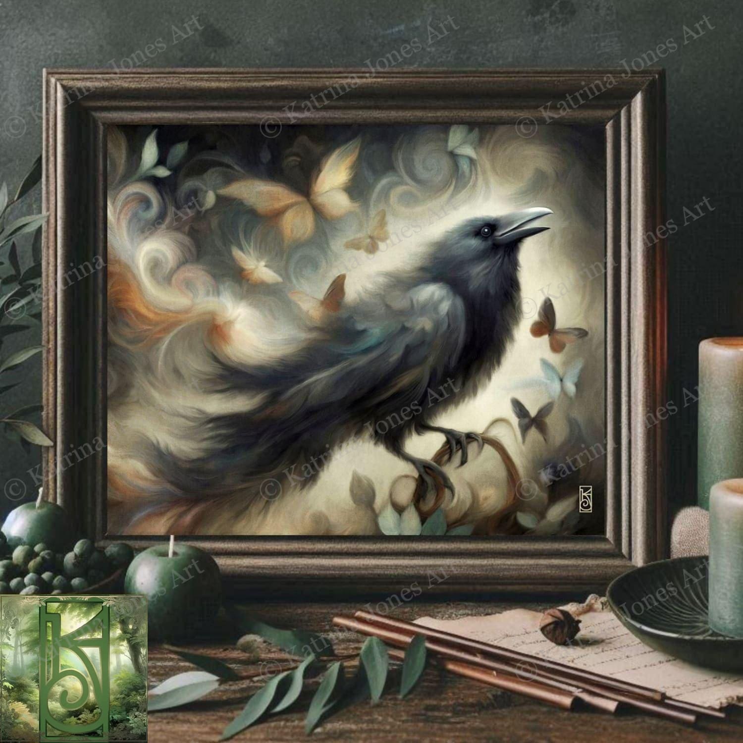 a painting of a black bird sitting on a table