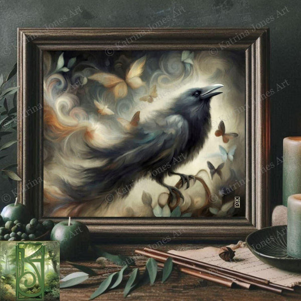 a painting of a black bird sitting on a table
