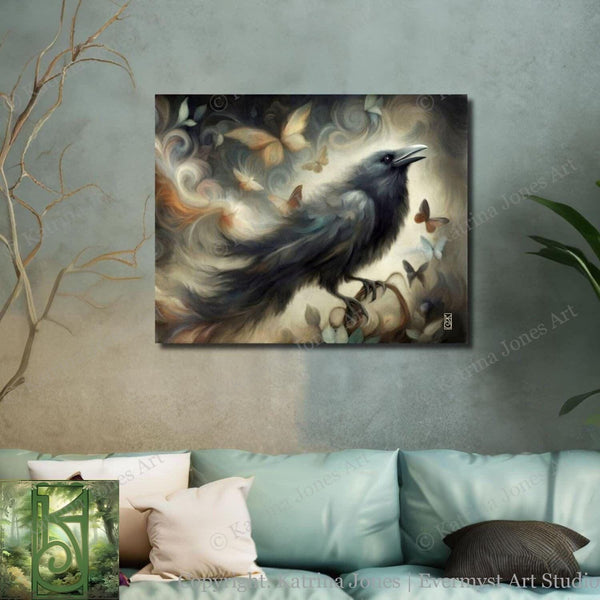 a painting of a black bird sitting on a tree branch