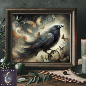 a painting of a black bird sitting on a table