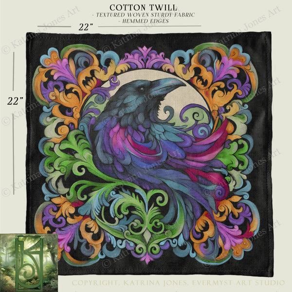 The image is a square with a large, colorful bird, possibly a raven, surrounded by intricate, ornate designs in shades of purple, green, and orange. The bird appears to be in flight, with its wings spread wide. The background is black, providing a stark contrast to the vibrant colors of the bird and the designs. The image is described as a square with a 22-inch border, and it is a textile with a textured woven fabric.