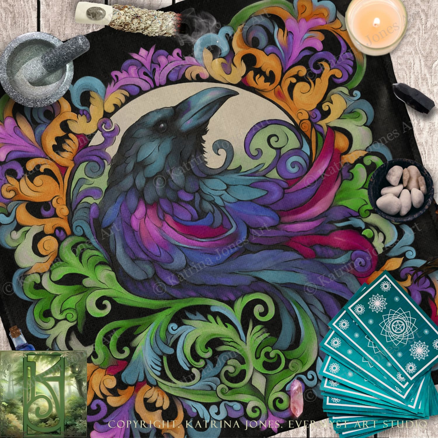 a vibrant, colorful illustration of a bird, possibly a raven, surrounded by intricate, swirling patterns and designs. The bird is the central focus of the image, with a variety of colors and shapes surrounding it. The background is a dark, textured surface, which contrasts with the bird and accentuates its details. The image also includes various objects, such as a candle, a bowl, and a deck of playing cards, adding to the overall composition and visual interest of the scene.