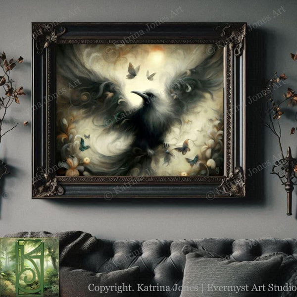 a living room with a couch and a painting on the wall