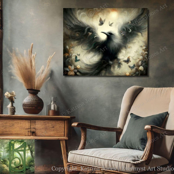 a living room with a chair and a painting on the wall