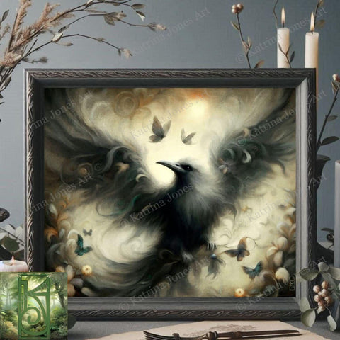 a painting of a black bird surrounded by butterflies