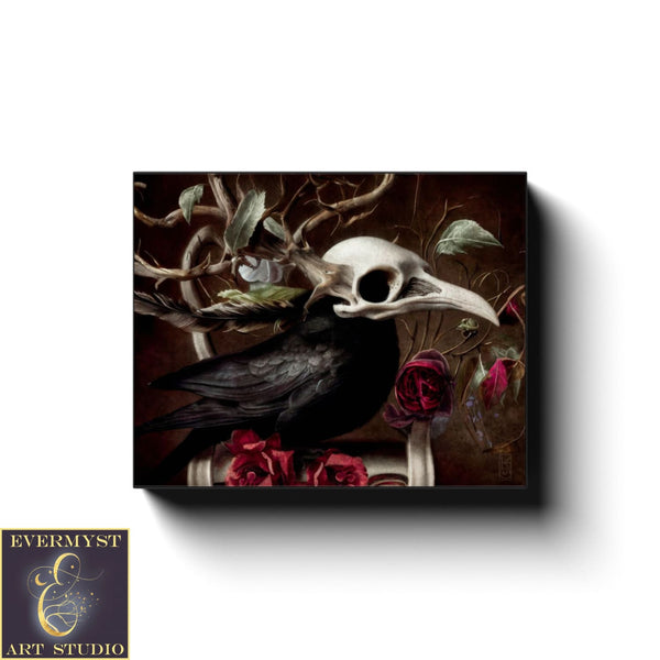 Raven Skull Gothic Painting - Dark Victorian Macabre Art Print -Moody Aesthetic Home Decor