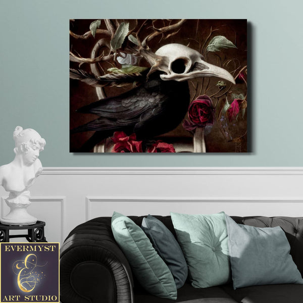 Raven Skull Gothic Painting - Dark Victorian Macabre Art Print -Moody Aesthetic Home Decor