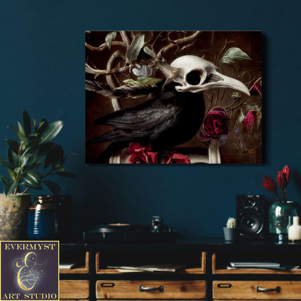 Raven Skull Gothic Painting - Dark Victorian Macabre Art Print -Moody Aesthetic Home Decor