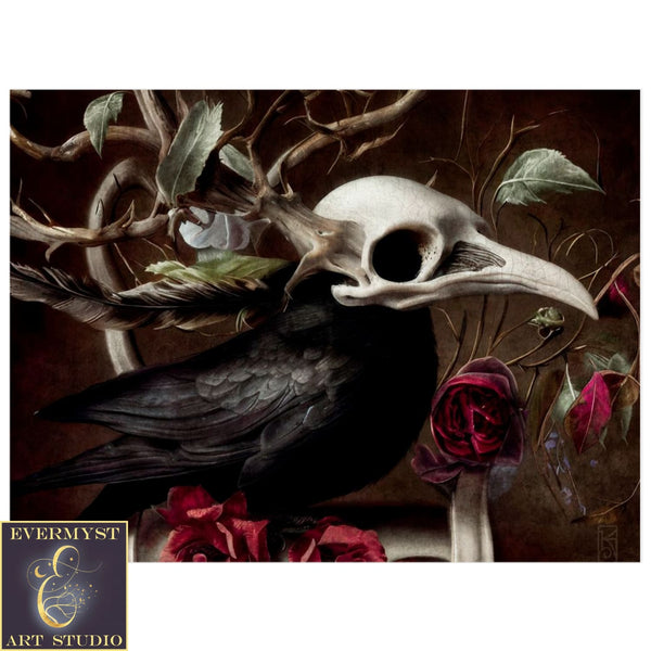 Raven Skull Gothic Painting - Dark Victorian Macabre Art Print -Moody Aesthetic Home Decor