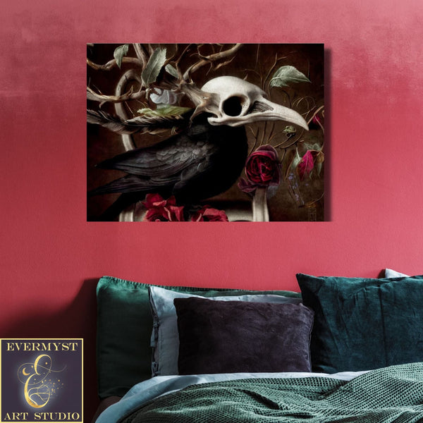 Raven Skull Gothic Painting - Dark Victorian Macabre Art Print -Moody Aesthetic Home Decor