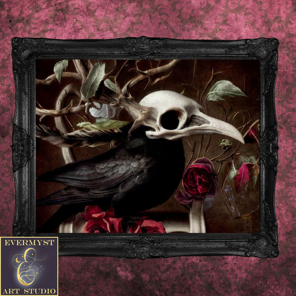 Raven Skull Gothic Painting - Dark Victorian Macabre Art Print -Moody Aesthetic Home Decor