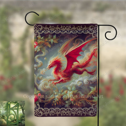 a vibrant red dragon with a flowing, fiery tail, set against a backdrop of swirling clouds and flowers.