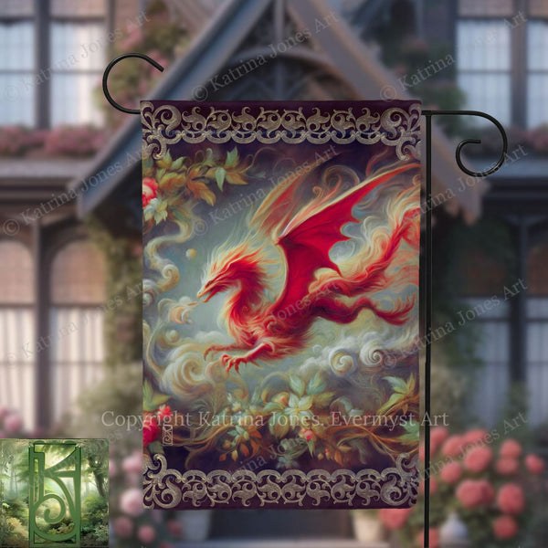 a vibrant red dragon with a flowing, fiery tail, set against a backdrop of swirling clouds and flowers.