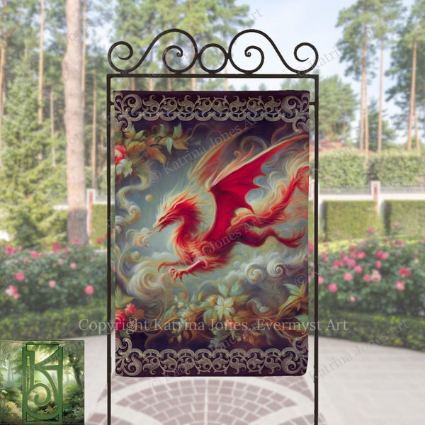 a large, ornate banner with a dragon design, displayed outdoors in a garden setting.