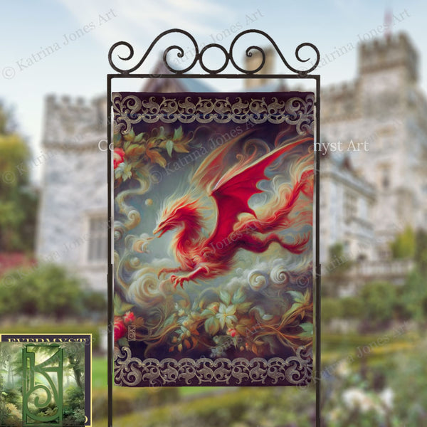 a large, ornate banner with a dragon design, displayed in front of a castle.