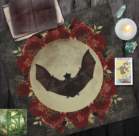 Gothic Bat Rose Altar Cloth - Dark Tarot Reading Mat Square