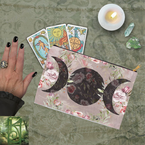 Rose Triple Moon Flower Accessory Pouches Vintage Design Witch Wicca Pagan Decor Zippered Tarot Bag