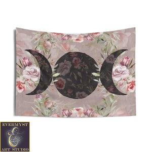 Rose Triple Moon Tapestry Floral Woodland Witchy Decor 36’ × 26’ Home