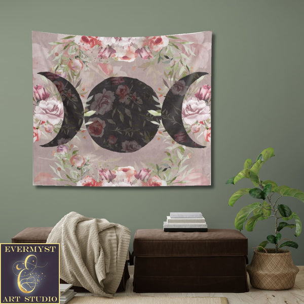 Rose Triple Moon Tapestry Floral Woodland Witchy Decor Home