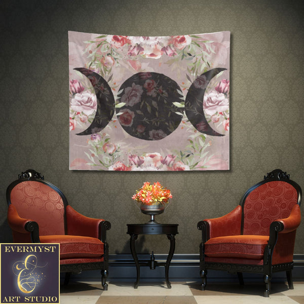 Rose Triple Moon Tapestry Floral Woodland Witchy Decor Home