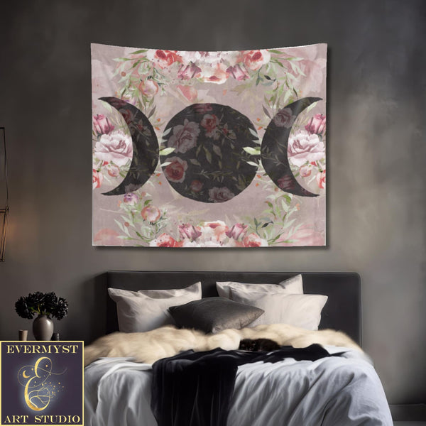 Rose Triple Moon Tapestry Floral Woodland Witchy Decor Home