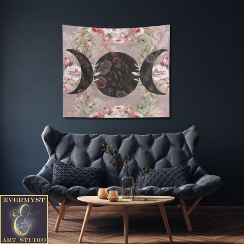 Rose Triple Moon Tapestry Floral Woodland Witchy Decor Home