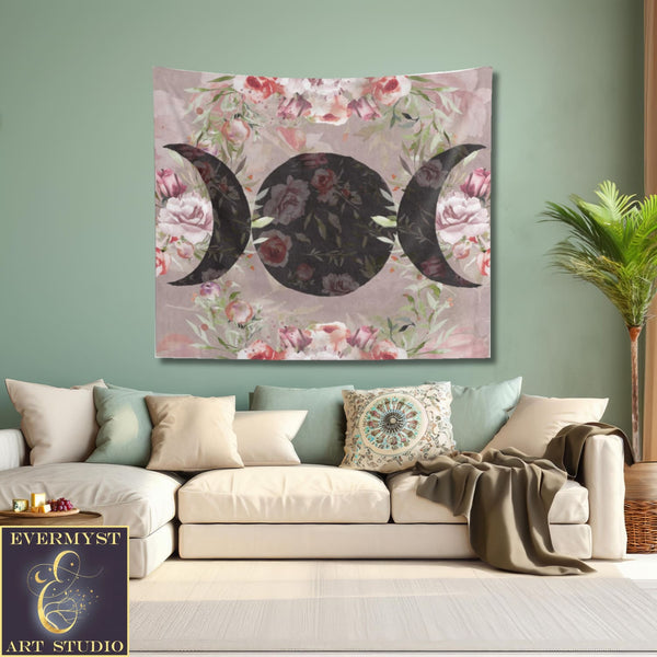 Rose Triple Moon Tapestry Floral Woodland Witchy Decor Home