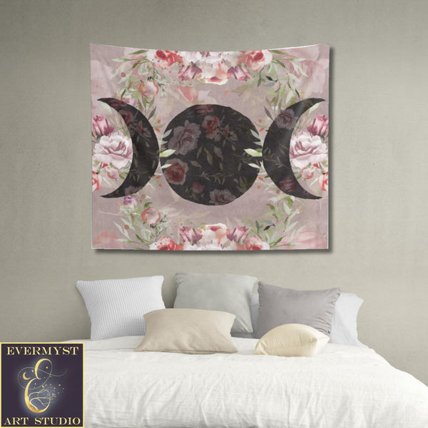 Rose Triple Moon Tapestry Floral Woodland Witchy Decor Home