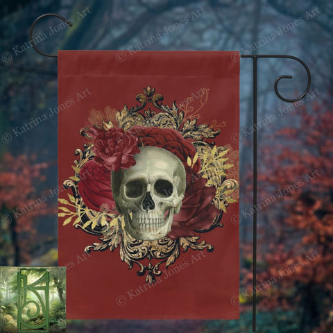 Samhain Halloween Red Gothic Skull Flowers Garden Flag Single / 12X18 Inch