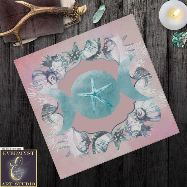 Sea Moon Water Witch Altar And Tarot Cloth - Blue Pink Handmade Square