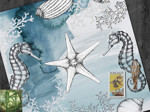 Sea Water Witch Altar Cloth With Seahorse And Star Fish - Tarot Square