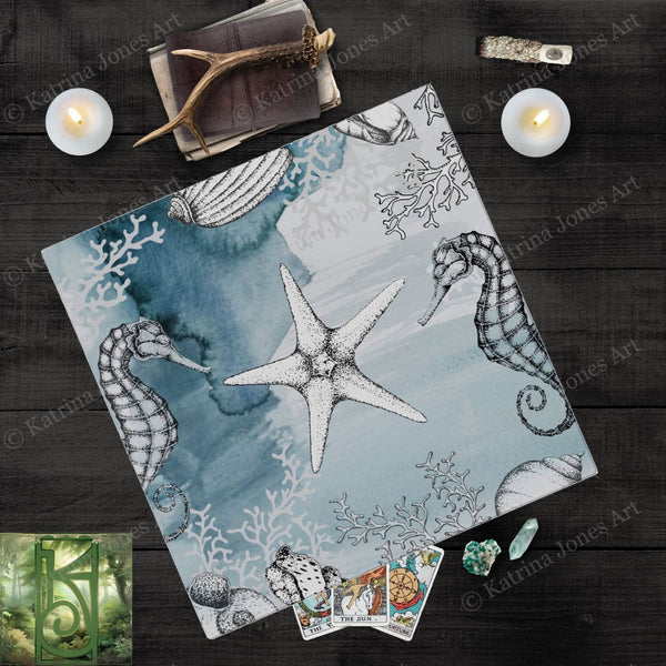 Sea Water Witch Altar Cloth With Seahorse And Star Fish - Tarot Square