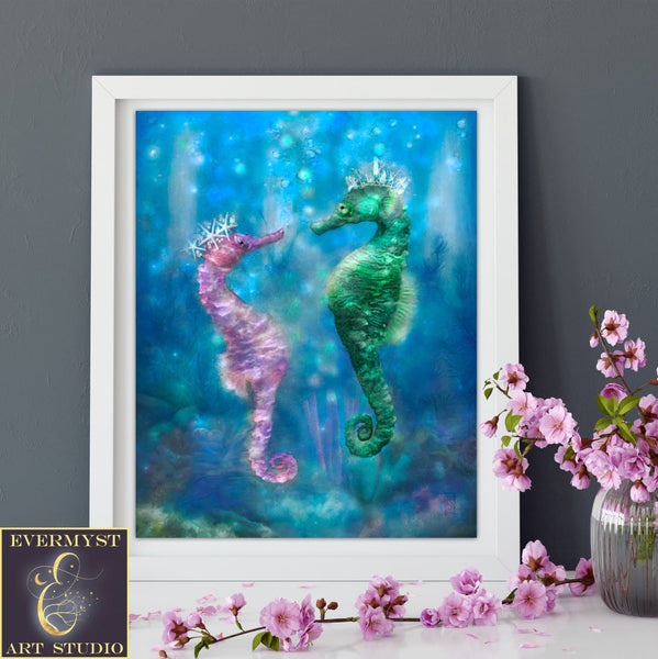 Seahorse Art Print Cooastal Decor Painting Canvas Fantasy Sea Life