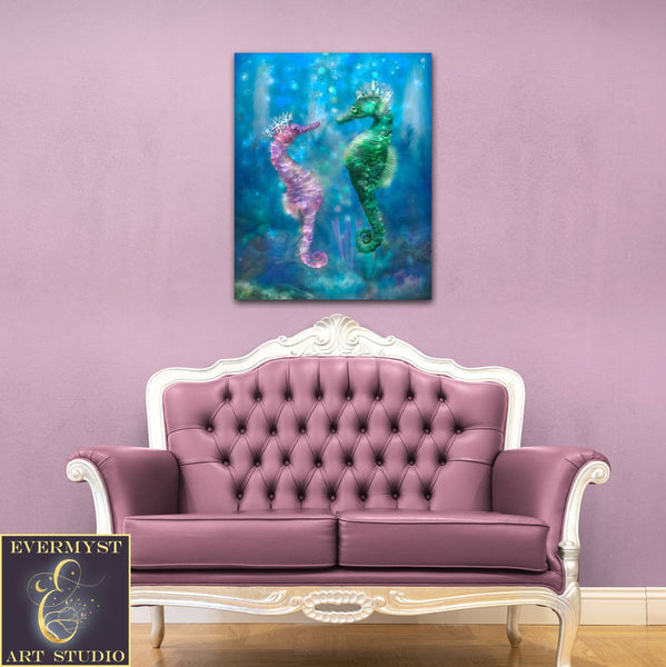 Seahorse Art Print Cooastal Decor Painting Canvas Fantasy Sea Life