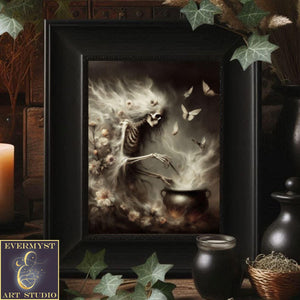 a painting of a skeleton in a witches costume