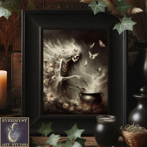 a painting of a skeleton in a witches costume