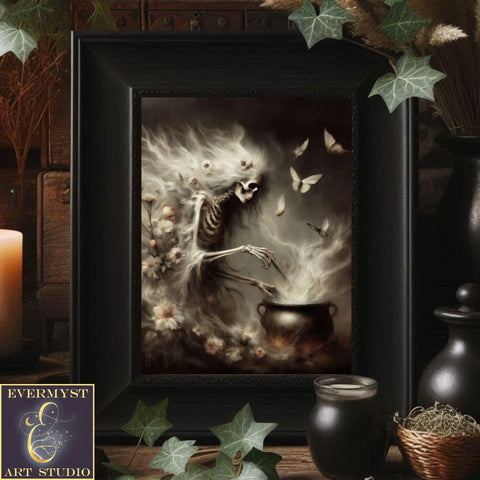 a painting of a skeleton in a witches costume