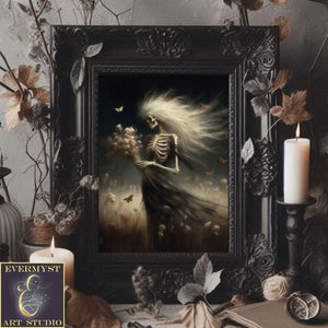 a painting of a skeleton holding a woman&#39;s hand