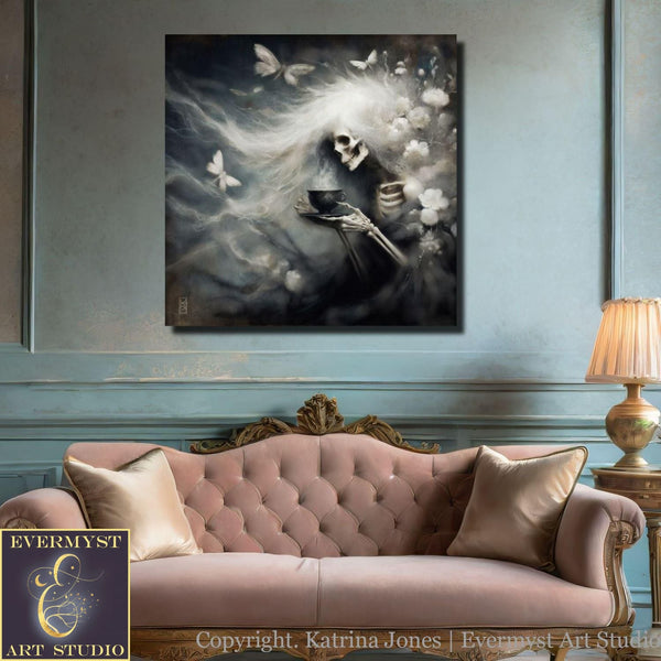 a living room with a couch and a painting on the wall